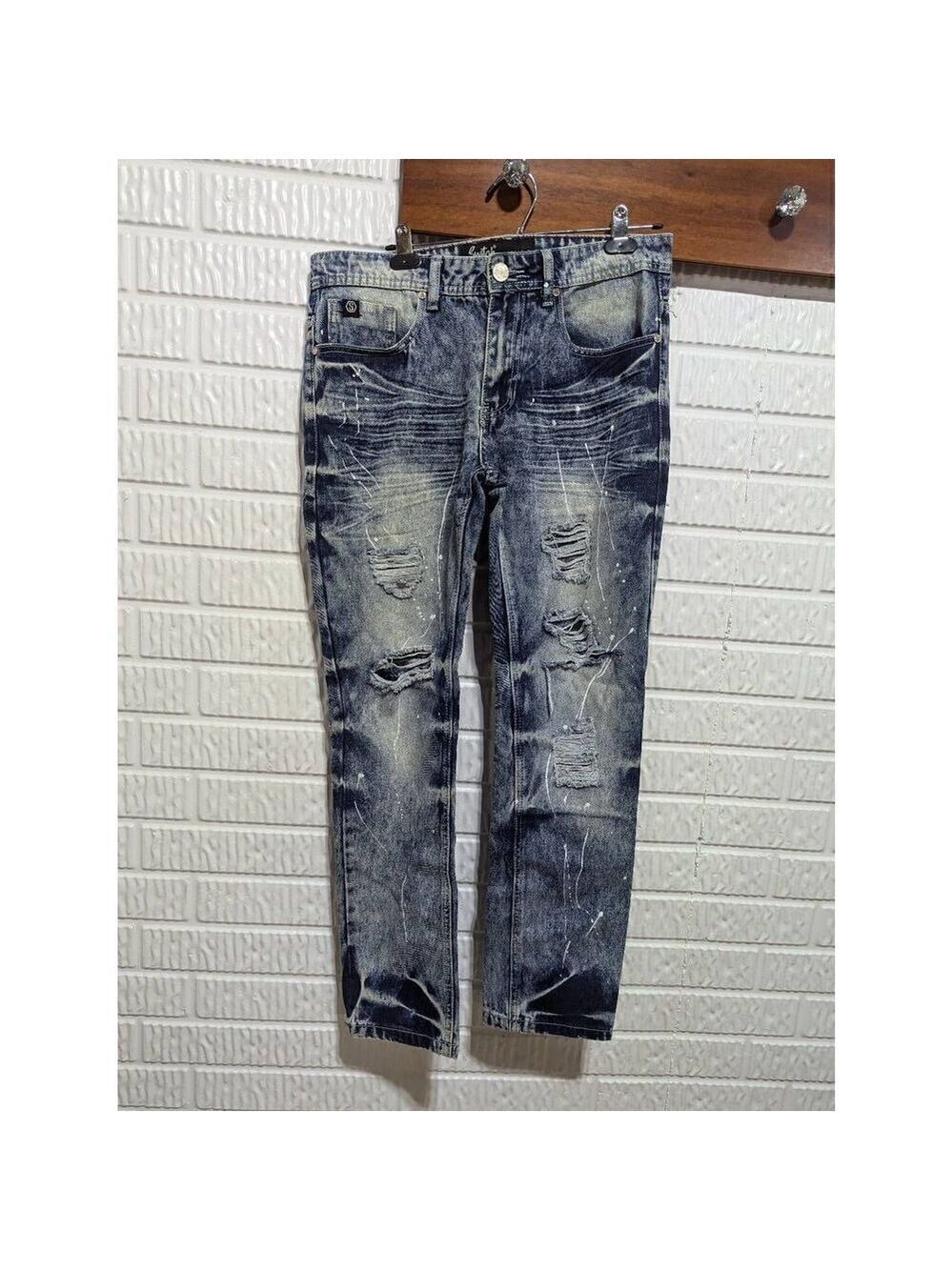 Switch Men's Blue Dark-Wash Denim Mid-Rise Distressed Slim Straight-Leg Jeans Si